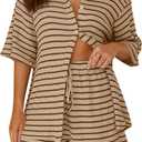 Striped Sets Women 2 Piece Outfits Button Down Shirt and Shorts Waffle Knit Lounge Set Matching Pajamas (Medium, Khaki)