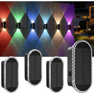 BlueYang Solar Fence Lights Outdoor, Warm White & RGB 8 Modes Solar Wall Lights Outdoor Waterproof, Up&Down Dual-Head Outdoor Solar Lights for Yard House Fence Backyard Deck Garden Patio Porch, 4 PK