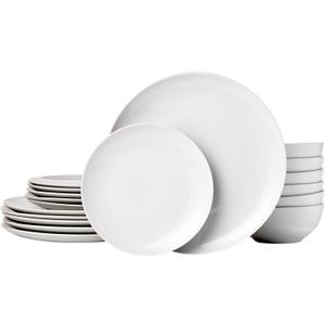 Amazon Basics Dinnerware Set, Microwave and Dishwasher Safe, Service for 6, 18-Piece Complete Kitchen, Plates, Dishes, Bowls, White Porcelain Coupe