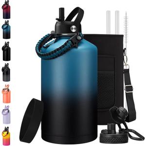 128 oz Insulated Water Bottle with Carrier Bag, 1 Gallon Metal Water Jug Keep Cold-48H Hot-24H, Giant Water Jug with Straw Lid & Spout Lid, Paracord Handle, Gallon Water Canteen for Work (Indigo Black)