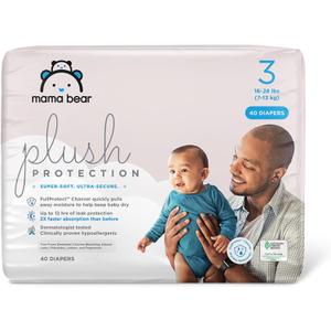 Amazon Brand - Mama Bear Plush Protection Diapers - Size 3, 40 Count, Hypoallergenic Premium Disposable Baby Diapers, White and Cloud Dreams