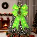 22'' x 15'' Lime Green Bow Christmas Tree Topper with LED String Lights Extra Large Faux Fur Furry Green Christmas Bows for Tree Door Wreath Window Fireplace Stair Railings Decor