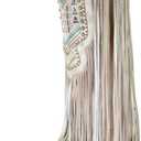 LISHAN Women's Western Cowboy Cowgirl Boots Fringed Tassel Block Heels Embroidered Calf High Boots (13, Beige)