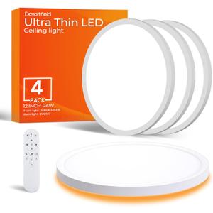 4Pack Dimmable LED Flush Mount Ceiling Light with Remote, 12 Inch 24W, 2000K Night Light & Color Adjustable (3000K-6500K), Super Slim Bedroom Kitchen Light, Easy Installation Wired Fixture, White