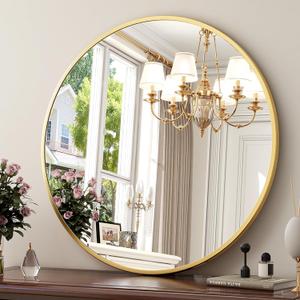 XRAMFY 24 Inch Round Mirror - Circle Mirrors for Bathroom, Entryway and Living Room Wall Decor, Modern Hanging Vanity Mirror, Matte Gold Circle Decorative Wall Mirror