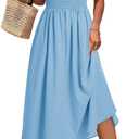 Wenrine Womens Casual Summer Midi Dress Smocked Cap Sleeve Crew Neck Color Block A Line Flowy Beach Dresses (Sky Blue)