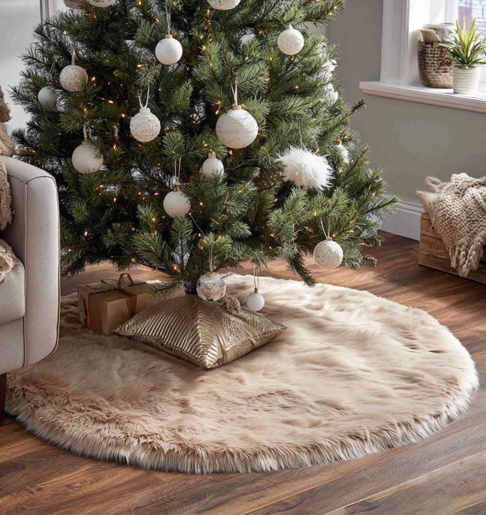 AOGU 24 Inch Faux Fur Christmas Tree Skirt Beige Plush Skirt for Merry Christmas Party Christmas Tree Decoration