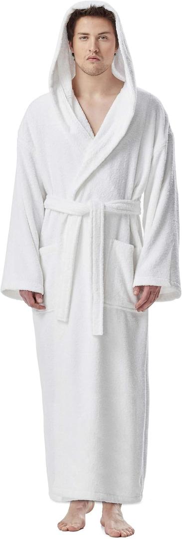 Arus Men's Hooded Classic Bathrobe Turkish Cotton Robe with Full Length Options (XX-Large, White)