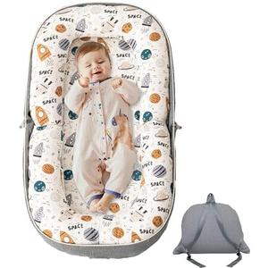 GloTika Baby Lounger, Foldable Infant Nest with Soft Memory Foam Mat, Cover with Adorable Pattern, Converts to Backpack for Easy Travel, 0-12 Months, Rocket