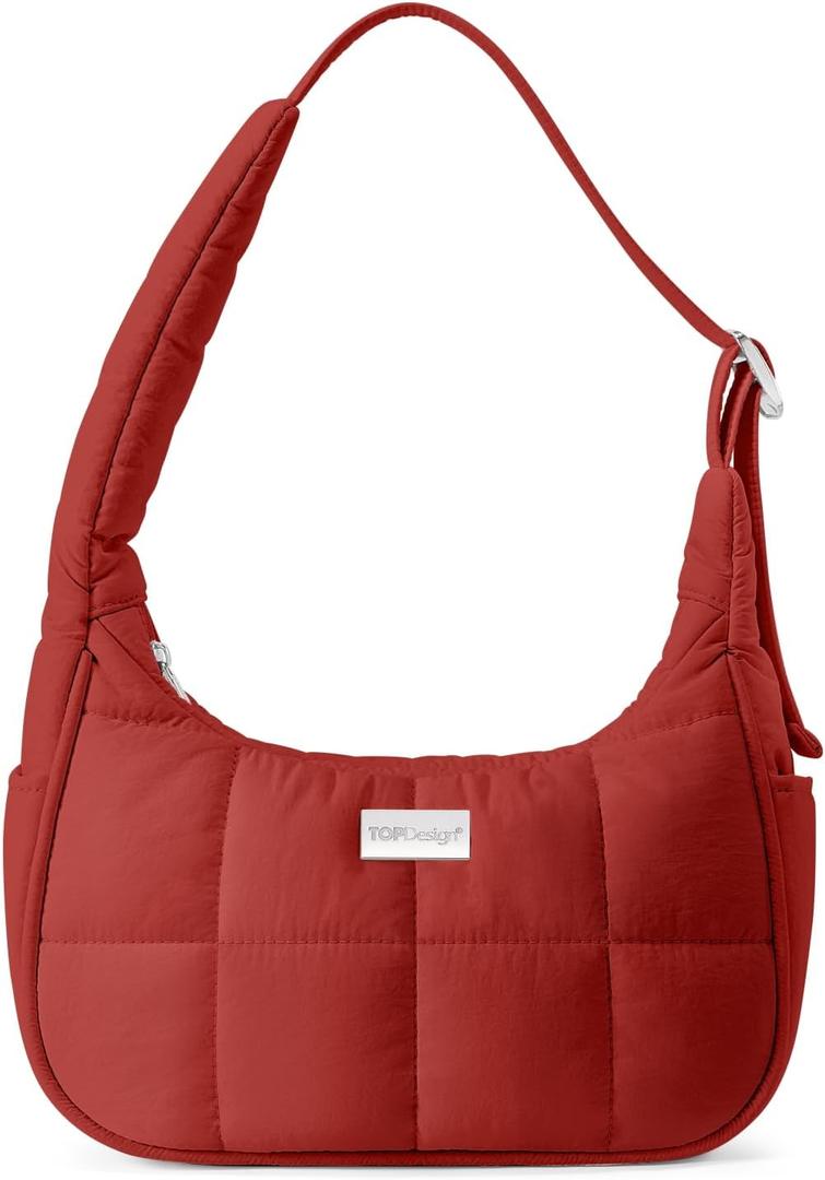TOPDesign Quilted Puffer Shoulder Bag for Women, Trendy Lightweight Hobo Crescent Bag with Adjustable Strap (Maroon)