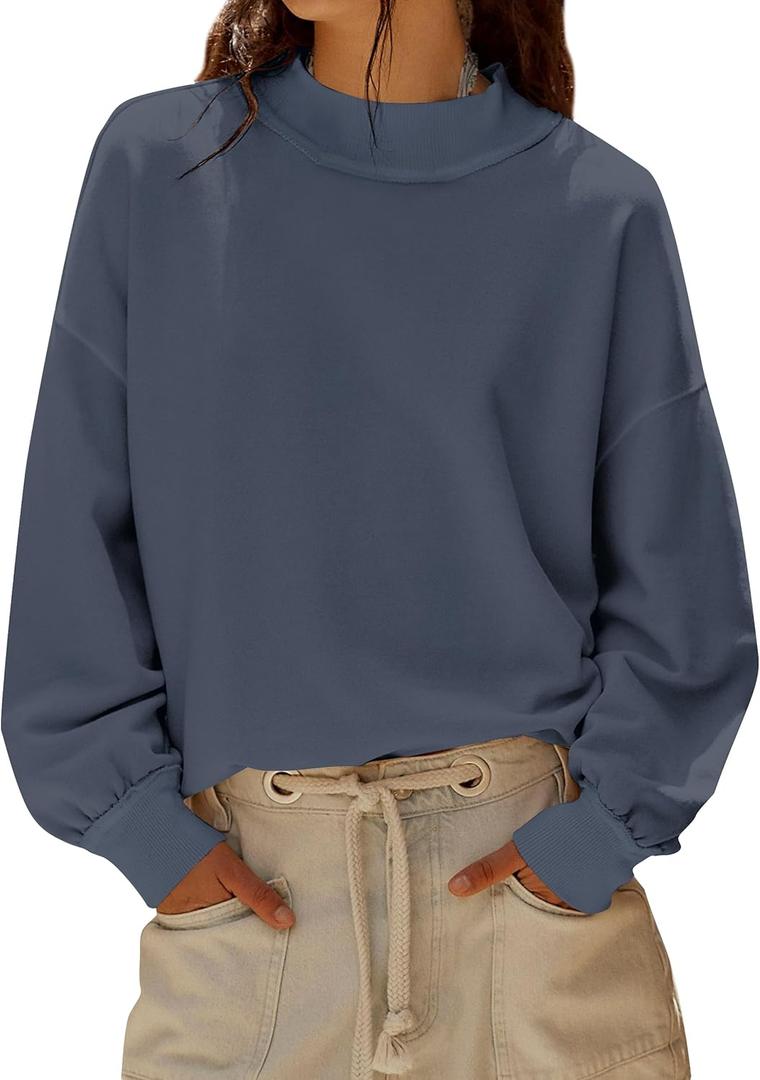 TERIVEEK Mock Neck Sweatshirt for Women Oversized Turtleneck Long Sleeve Hoodies 2025 Fall Casual Drop Shoulder Pullover Tops (Blue, M)