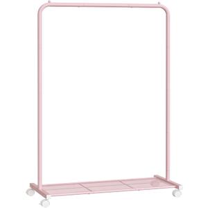 SONGMICS Clothes Rack with Wheels, Clothing Rack for Hanging Clothes, 25.4mm Metal Garment Rack with Dense Mesh Storage Shelf, 110 lb Load Capacity, 2 Brakes, Pink UHSR025P01