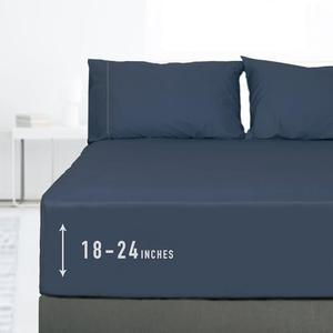 Sunflower Queen Fitted Sheet, 1-Piece Extra Deep Pocket Fitted Bottom Sheet 22", 100% Cotton Sateen Soft Breathable, Blue Indigo