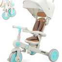 JMMD Baby Tricycle, 7-in-1 Multifunctional Kids Trike with Adjustable Parent Handle, Safety Harness & Wheel Brakes, Removable Canopy, Stroll Trike for Boys & Girls Ages 18 Months-5 Years, Mint