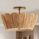 Farmhouse Boho Ceiling Light with Natural Raffia Shade, 3-Light Woven Semi Flush Mount, Scalloped Flower-Shaped Flush Mount Light for Bedroom, Nursery, Entry Way, Kitchen Island,15.8 inch