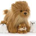 Tezituor Pomeranian Stuffed Animal Plush Toy,13.8" Realistic Dog Plush with 3 Puppies Cute Fluffy Dog Plushie Birthday Party Gift for Boys Girls