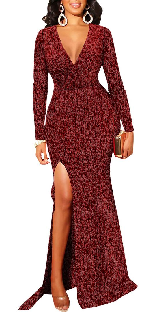 BestGirl Formal Long Sleeve Dress for Women Sequin Bodycon Ruched Sparkly Dresses XL, Red