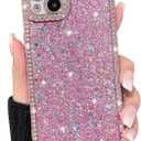 NITITOP Compatible with iPhone 15 Case Glitter Sparkly Sequin Design for Girls Women Luxury Bling Crystal Diamond Frame Full Camera Protection Shockproof Protective Phone Cover - Pink