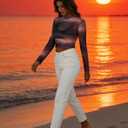 SOFIA'S CHOICE Women's Tie Dye Sheer Crop Tops Mesh Mock Neck Long Sleeve T Shirt Brown X-Large (Brown, XL)