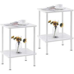 Apicizon 2 Tier End Table Set of 2, Small Side Table with Solid Wood Legs, Boho Bedside Table with Storage Shelf, Nightstand for Small Spaces, Bedroom, Living Room, Entryway, Easy Assembly, White