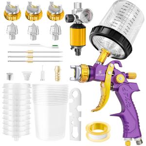 HVLP Air Spray Gun with 1.4/1.7/2mm Nozzles & Air Compressor Regulator, Air Spray Paint Gun w/10pcs 600cc Mixing Cup and Lids, Automotive Paint Sprayer for Car, House Painting, Furniture (Purple)