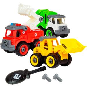 Flybar Power Gearz Take Apart Toy with Screwdriver and Screws- 3 Pack Truck Set for Boys and Girls- Fire Truck, Construction Garbage Trucks- Vehicle Set - Building Toys for Kids Ages 3-5
