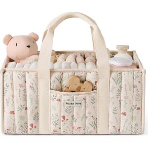 Blissful Diary Floral Diaper Caddy Organizer, Stylish Nursery Storage Basket, Gift for Baby Shower, Newborn Essentials, Floral Beige, 10"D x 15"W x 7"H