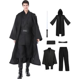 KUGVDI Halloween Knight Costume Men Tunic Hooded Robe Full Set with Lightsaber Halloween Cosplay Outfits (Black, S)
