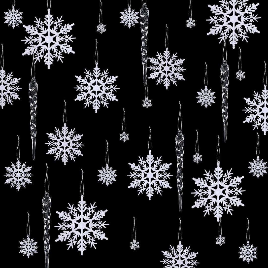 Qunclay 72 Pcs White Christmas Plastic Snowflake Ornament Acrylic Icicles Christmas Ornaments Set 6 Sizes Snow Flakes Winter Decorations Hanging Clear Icicles forTree with String for Party