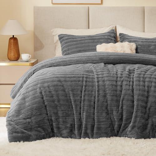 BEDELITE Fleece King Comforter Set -Super Soft & Warm Fluffy Grey Faux Fur Bedding, Luxury Fuzzy Heavy Bed Set for Winter, 110"x"90