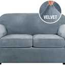 H.VERSAILTEX Real Velvet Plush 3 Piece Stretch Sofa Covers Couch Covers for 2 Cushion Couch Loveseat Covers Width Up to 72 Inch Feature Thick Soft Stay in Place (Medium Sofa, Stone Blue)