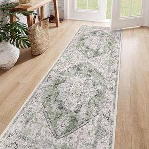 LIVEBOX Sage Green Runner Rug Non-Slip 2.5x8 - Oriental Bedroom Rugs Long Hallway Rugs for Home Decor, Low-Pile Vintage Carpet for Bathroom, Non-Slip Soft Carpet Throw Rug for Laundry Room