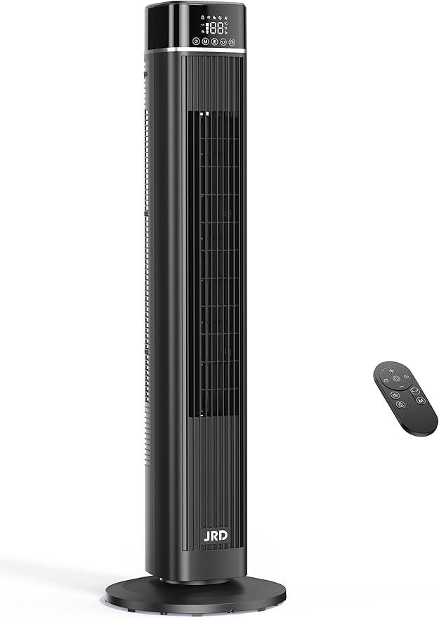 JRD Tower Fan, 90 Oscillating Fans with Remote, 40'' Quiet Cooling Fan with 3 Speeds,4 Modes,12H Timer, LED Display, 27ft/s Velocity, Bladeless Standing Fan Floor Fan for Bedroom Home Office Indoor (Black)