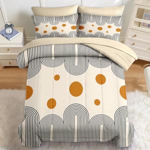 Nesker Comforter Set Twin Size, Boho Mid Century 5 Pcs Bedding for Kids and Adults, Minimalist Abstract Bed Sheet Sets with Fitted Sheet Pillowcase & Sham