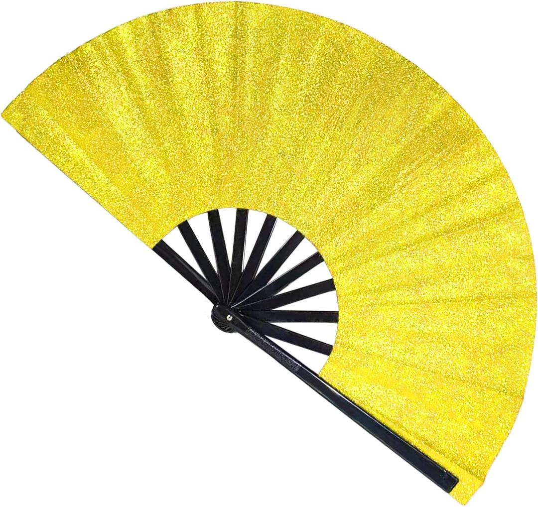 2 x Large Folding Glitter Rave Fan,Boots on The Ground Shiny Hand Clack Fans for Line Dancing Handheld Fan with a plush bag for Rave Outfits Accessories Festival Home Decoration and DIY (Gold)