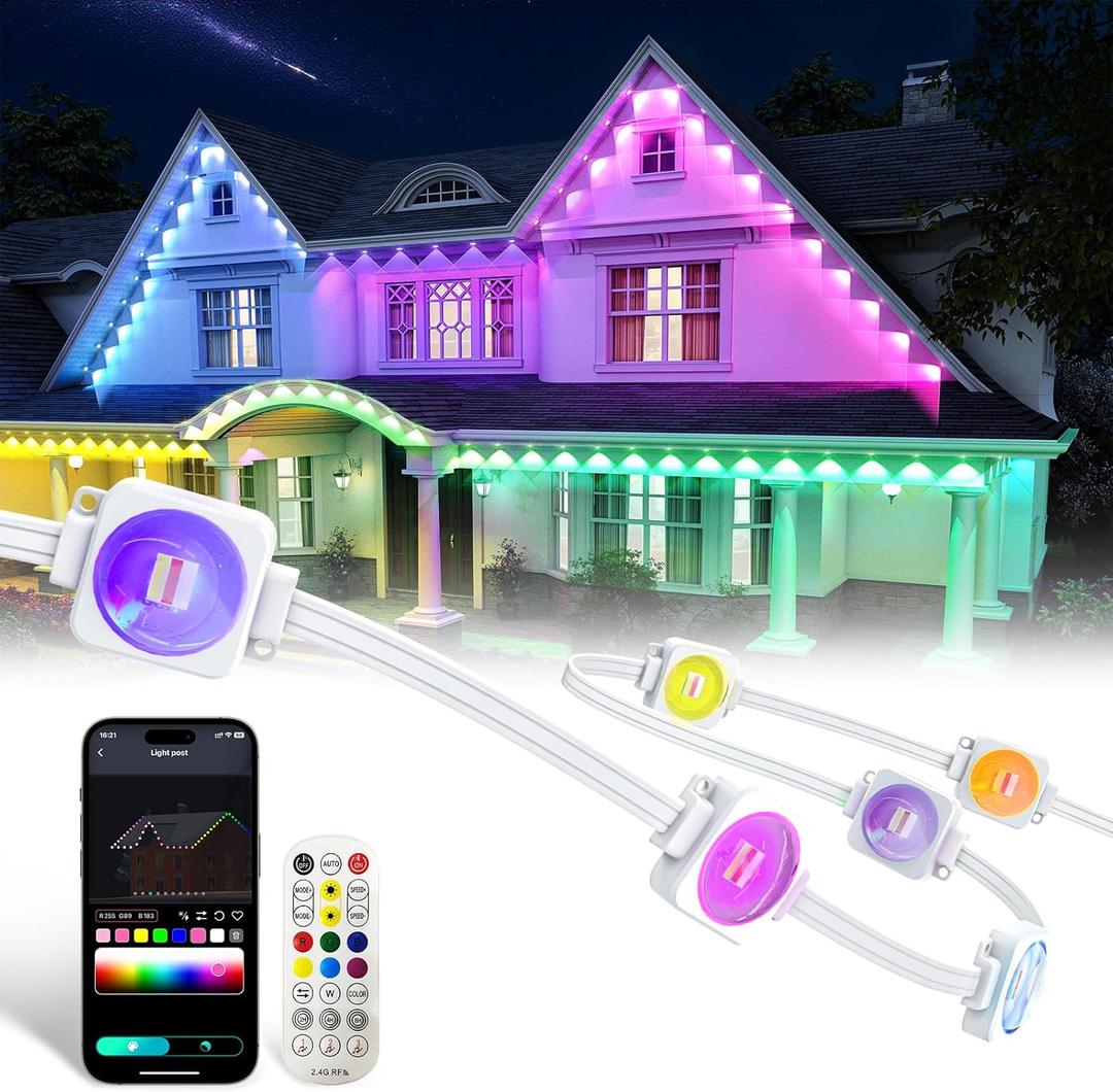Permanent Outdoor Lights,1ft RGB IC Outdoor Lights with 1 LED Lights for House Roof,Christmas,Holiday,Party,Daily Lighting,IP67 Waterproof,Eaves Light with Multi Scene Modes for Halloween (52.8ft, White)