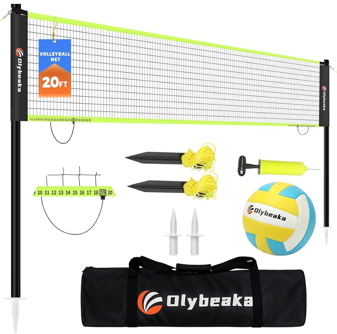 Portable Outdoor Volleyball Net Set for Backyard Beach with Adjustable Poles, Soft PU Volleyball & Pump, Carry Bag and Durable Anti-Sagging Net (20ft, Black)