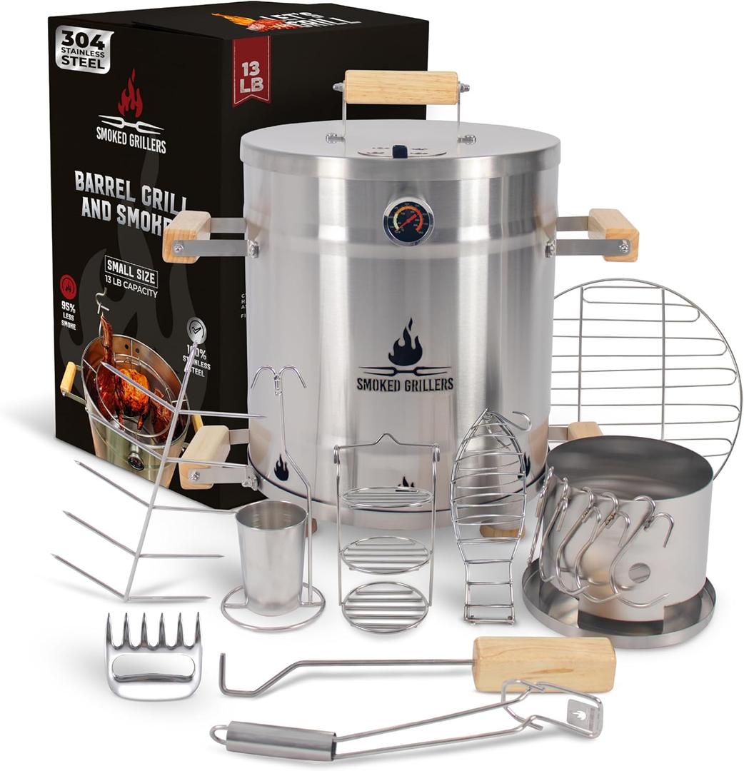 Barrel Smoker Grill Combo | 100% 304 Stainless Steel Barrel | 95% Less Smoke, Even Heat | Easy to Use & Clean  Vertical Smoker Ideal for Balconies and Backyards (SMALL-13 LBS)