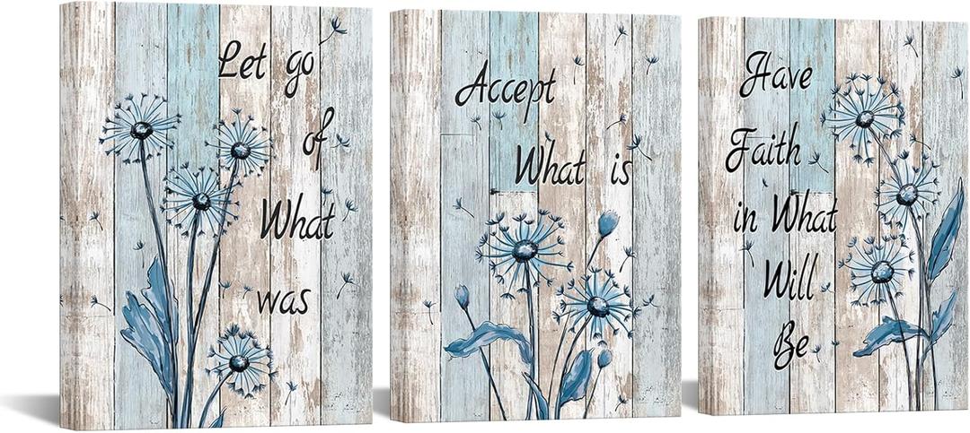 Nachic Wall Rustic Blue Flower Wall Art Decor Dandelion Painting Pictures Accept What is Let Go of What Was Have Faith in What Will Be Sign Vintage Farmhouse Bathroom Decorations