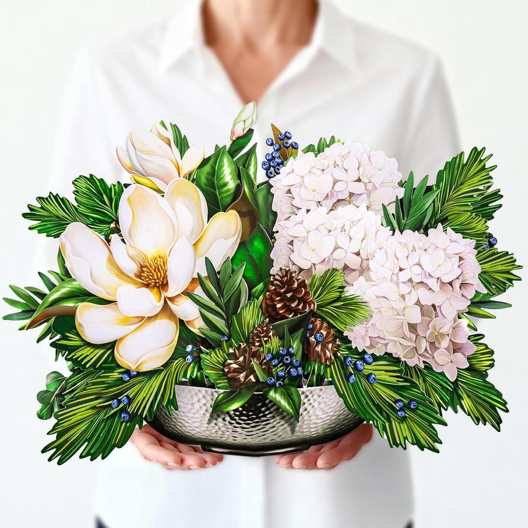 Winter Vase Pop Up Card, Magnolia, Hydrangea, 16 Inches Real Size Display 3D Paper Flower Bouquet, Forever Holiday Dcor, Christmas Greeting Cards with Envelope & Message Note, Gift for Xmas