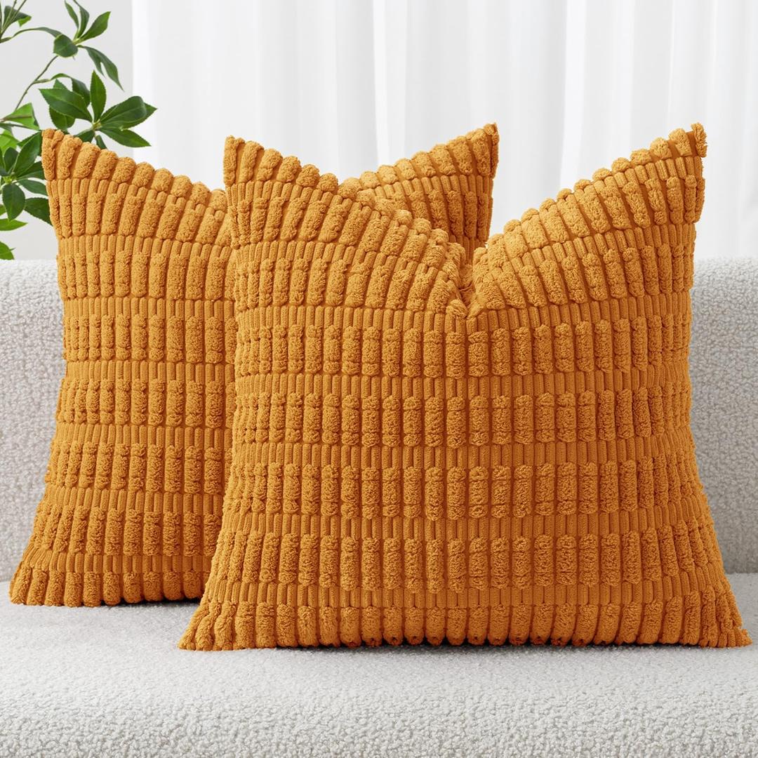 MIULEE Pack of 2 Burnt Orange Corduroy Decorative Fall Pillow Covers 18x18 Inch Soft Boho Striped Throw Pillow Covers Modern Farmhouse Home Decor for Summer Sofa Living Room Couch Bed