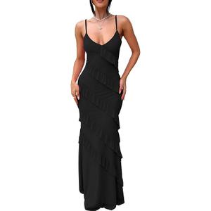 HOCILLE Women's Sexy V Neck Backless Bodycon Spaghetti Strap Elegant Ruffle Maxi Cocktail Party Dresses, Medium, Black