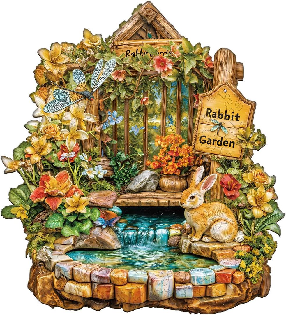 Jigfoxy Wooden Puzzle for Adults, Rabbit Garden Jigsaw Puzzles for Adult, Unique Animal Shape Wood Cut Puzzles, Christmas Thanksgiving Gifts for Friends Family (M-11.4 * 10.4in-165pcs)