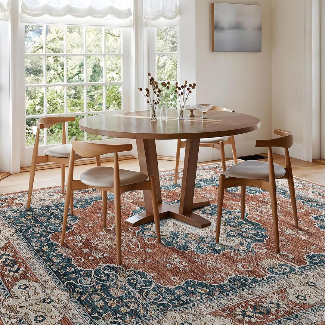 Washable 10x14 Area Rug - Large Rug for Living Room Stain Resistant Low Pile Carpet Vintage Oriental Rug for Bedroom with Non Slip Backing Home Decor Floor Decor Mat (10x14 Brick/Blue)
