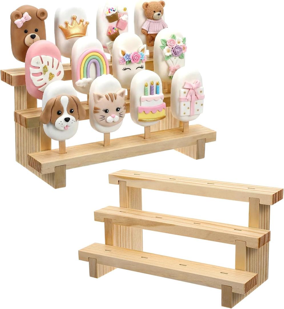 2 Pcs Wooden Cakesicle Stand, 3 Tier 12 Holes Cake Pop Display Holder, Rectangle Wood Lollipop Stick Rack for Wedding, Birthday, Baby Shower, Dessert Table