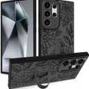 Case with Strap Stand for Samsung Galaxy S24 Ultra, Black Rose | Wireless Charging Compatible, Finger Strap Stand, Kickstand, Shockproof Protection, Soft TPU and Hard PC, for Women