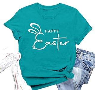Valiri Easter Shirts for Women Happy Easter T-Shirt Cute Bunny Rabbit Print Tee Tops Green, 2XL