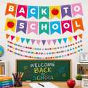 Yinder Back to School Decorations, 8-piece First Day of School Cardstock Banner Garland Kit with Letter Banner, Pennant Flags and Paper Dot Garlands for Classroom Door Bulletin Board Party
