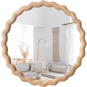 Irregular Wall Mirror,Wood Round Farmhouse Mirror Unique Vanity Mirror,28" Nature Wooden Modern Bathroom Mirror for Washroom Living Room Bedroom (Light Brown)