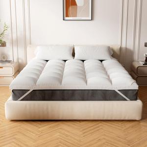 Extra Thick Fitted Mattress Topper - Queen Size | Soft & Cooling Pillow Top Mattress Pad & Protector | Bed Topper for Back Pain, Straps Stretch 6" to 22" Deep (Milky White -2 Inch)